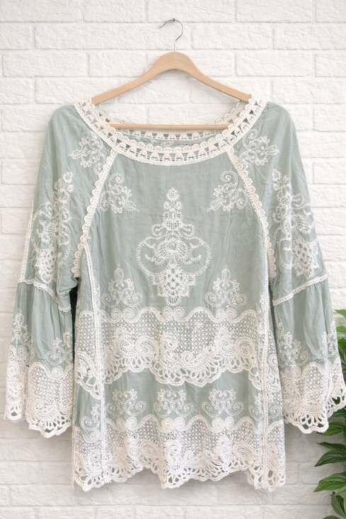 Democracy Tops - Democracy Sage Green Embroidered Crochet Lace Boho Blouse with Shoulder Slits
